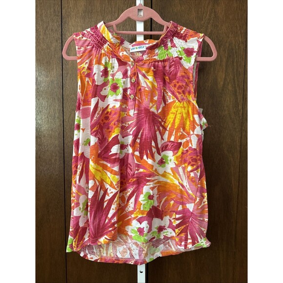 Kiwi Tops - Kiwi Fresh Pink Tropical Print Size 1X Sleeveless Tunic Pink/orange/green/Yellow